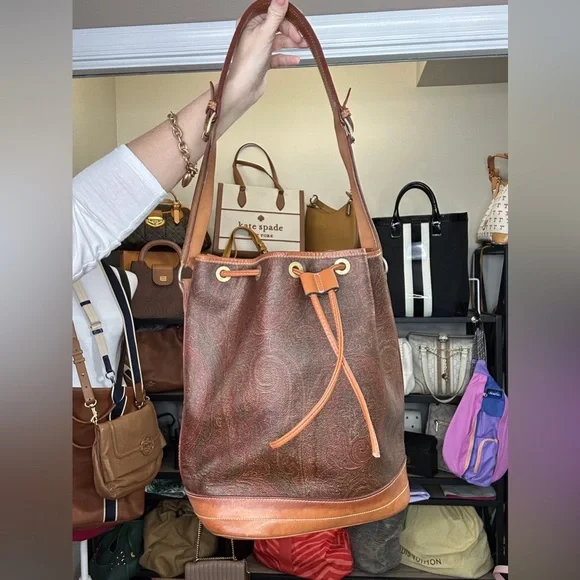 Vintage Etro Paisley Bucket Bag | Made in Italy | Leather Trim Large Drawstring - Picture 6 of 14